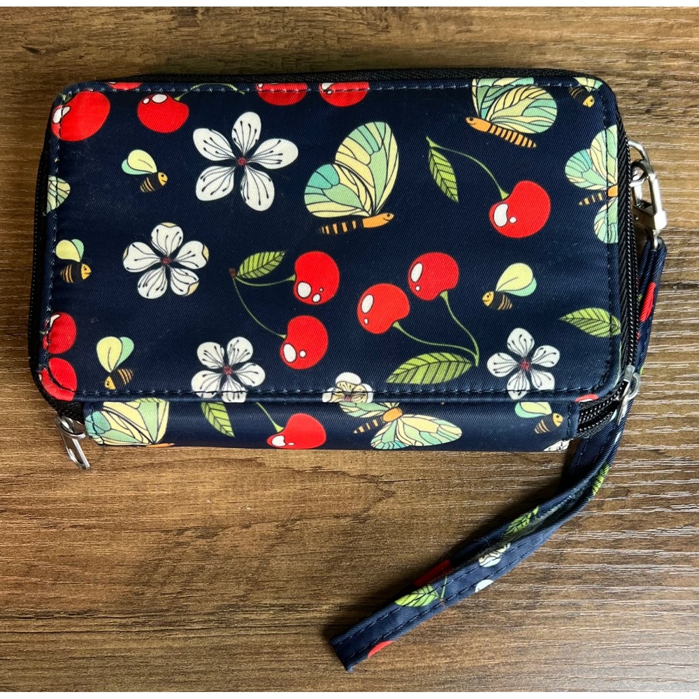 Smith & Skee Navy Blue Cherry Butterfly Print Nylon Wristlet Wallet Organizer - Picture 2 of 5